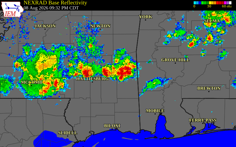 NEXRAD radar during the Saturday, August 8, 2026 storm activity in Wayne County, Mississippi