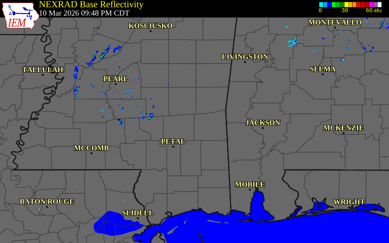 Radar snapshot during the Mar 10, 2026 tornado event near 7 SW Eucutta, Wayne County, Mississippi, with NWS warning polygons