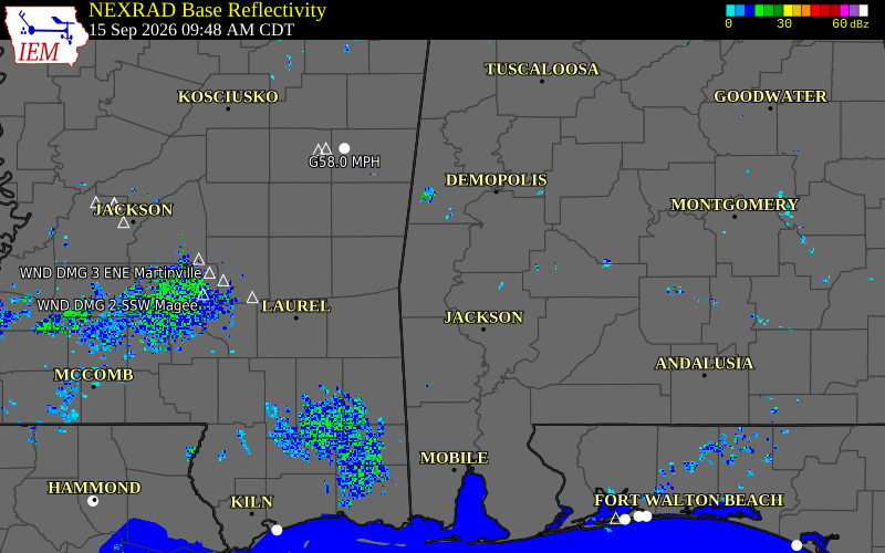 Current NEXRAD radar over Wayne County, Mississippi with recent storm report locations