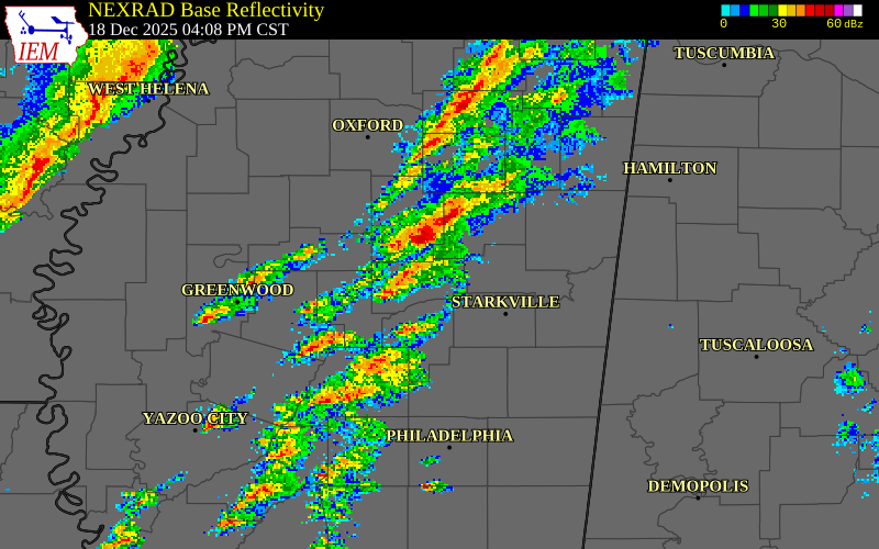 NEXRAD radar during the Thursday, December 18, 2025 storm activity in Webster County, Mississippi