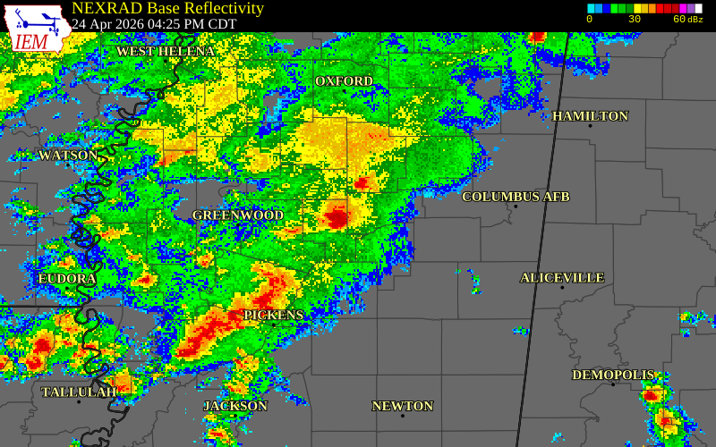 NEXRAD radar during the Friday, April 24, 2026 storm activity in Webster County, Mississippi