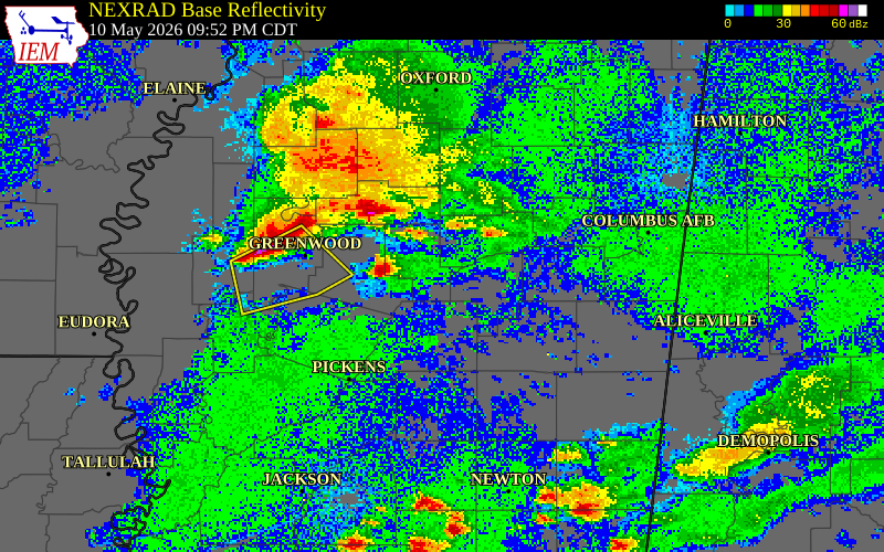 NEXRAD radar during the Sunday, May 10, 2026 storm activity in Webster County, Mississippi