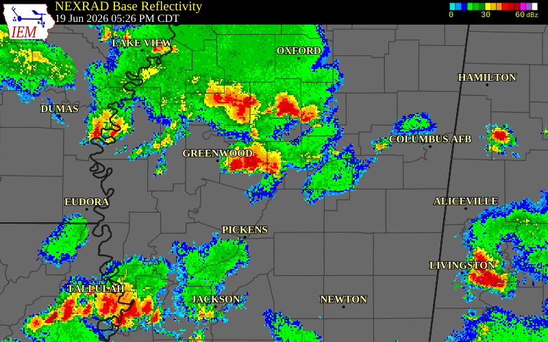 NEXRAD radar during the Friday, June 19, 2026 storm activity in Webster County, Mississippi