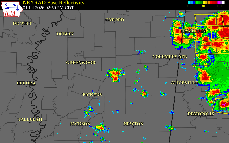 NEXRAD radar during the Wednesday, July 1, 2026 storm activity in Webster County, Mississippi