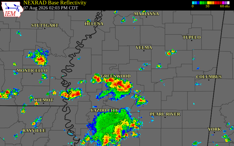 NEXRAD radar during the Friday, August 7, 2026 storm activity in Webster County, Mississippi