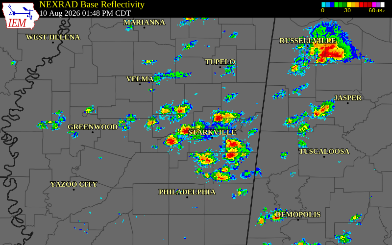 NEXRAD radar during the Monday, August 10, 2026 storm activity in Webster County, Mississippi