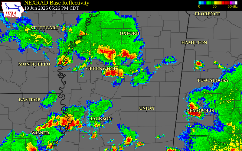 Radar snapshot during the Jun 19, 2026 wind event near Webster County, Webster County, Mississippi, with NWS warning polygons