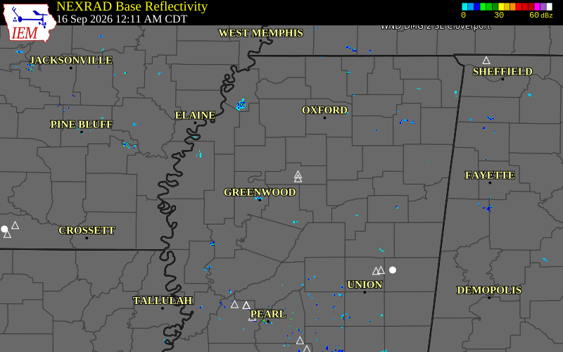 Current NEXRAD radar over Webster County, Mississippi with recent storm report locations