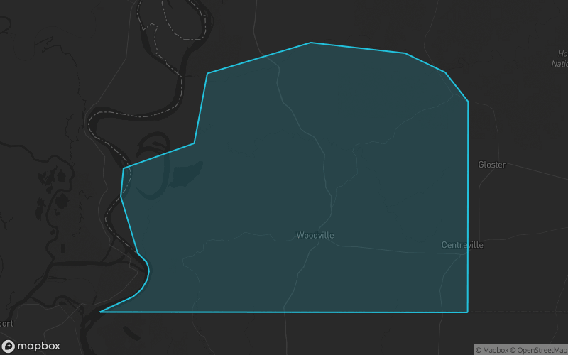 Map of Wilkinson County, Mississippi showing the county boundary and surrounding cities