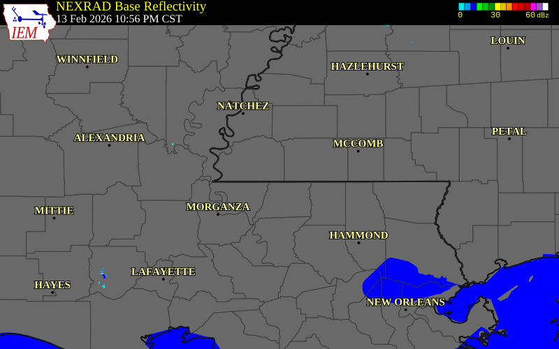 NEXRAD radar during the Friday, February 13, 2026 storm activity in Wilkinson County, Mississippi