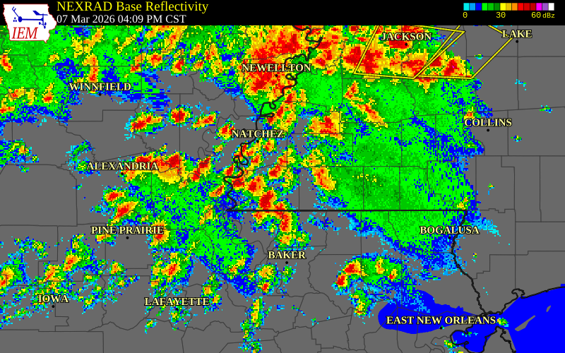 NEXRAD radar during the Saturday, March 7, 2026 storm activity in Wilkinson County, Mississippi
