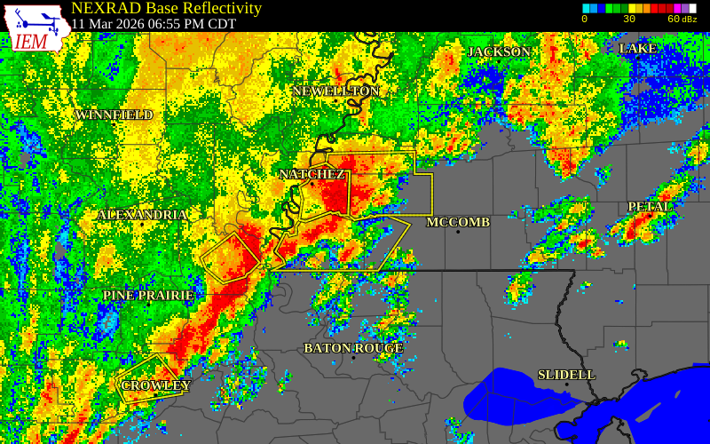 NEXRAD radar during the Wednesday, March 11, 2026 storm activity in Wilkinson County, Mississippi