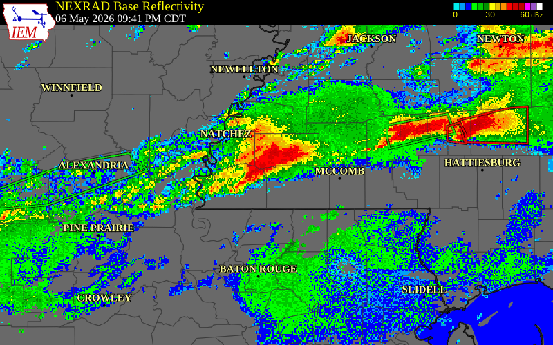 NEXRAD radar during the Wednesday, May 6, 2026 storm activity in Wilkinson County, Mississippi