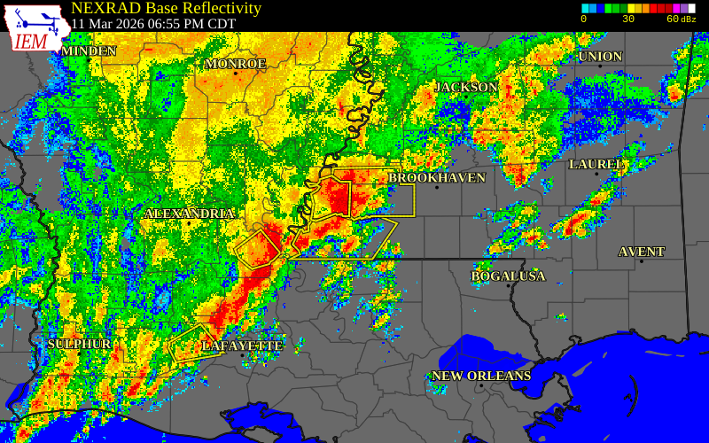 Radar snapshot during the Mar 11, 2026 tornado event near 4 WNW Crosby, Wilkinson County, Mississippi, with NWS warning polygons