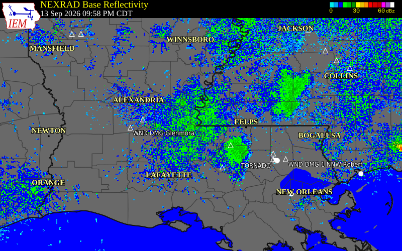 Current NEXRAD radar over Wilkinson County, Mississippi with recent storm report locations