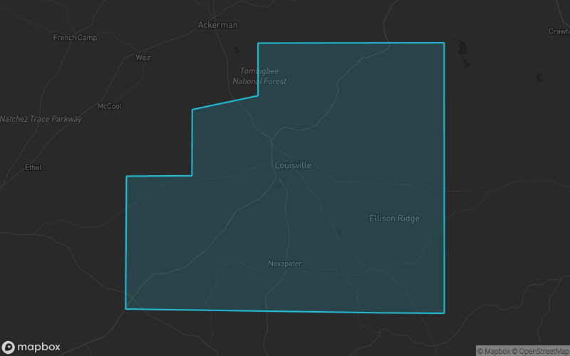 Map of Winston County, Mississippi showing the county boundary and surrounding cities