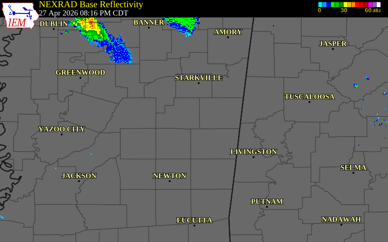 NEXRAD radar during the Monday, April 27, 2026 storm activity in Winston County, Mississippi