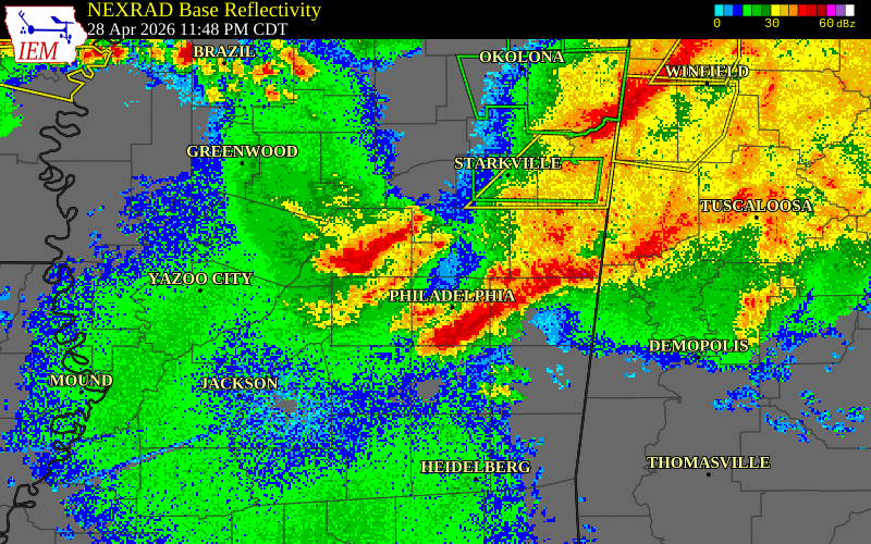 NEXRAD radar during the Tuesday, April 28, 2026 storm activity in Winston County, Mississippi