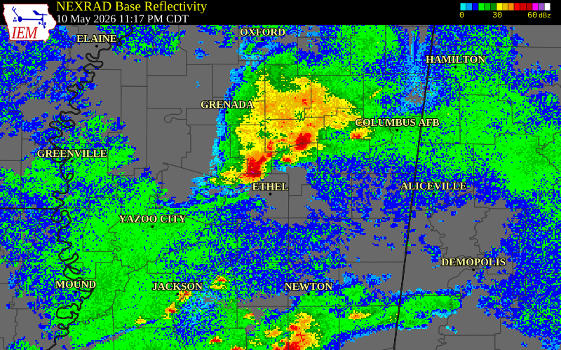 NEXRAD radar during the Sunday, May 10, 2026 storm activity in Winston County, Mississippi