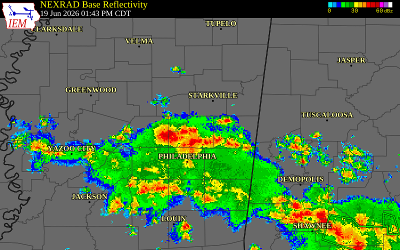 NEXRAD radar during the Friday, June 19, 2026 storm activity in Winston County, Mississippi