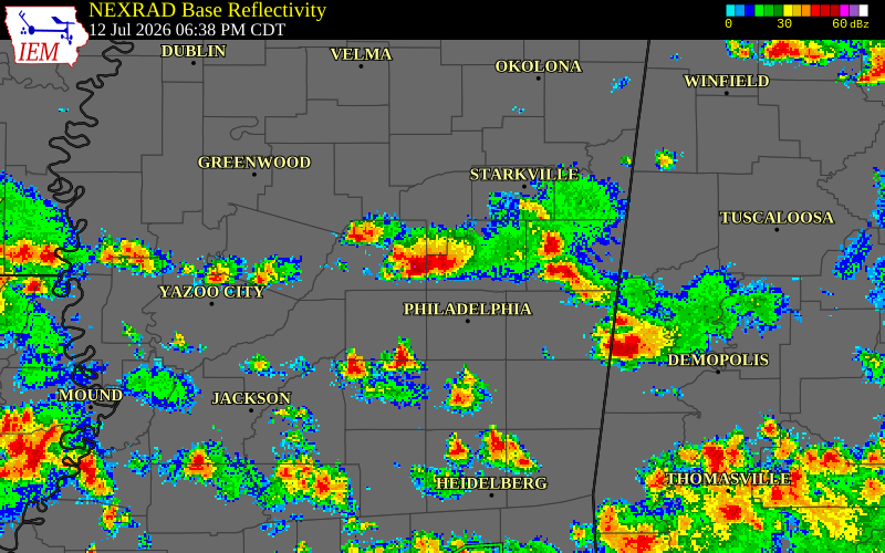 NEXRAD radar during the Sunday, July 12, 2026 storm activity in Winston County, Mississippi