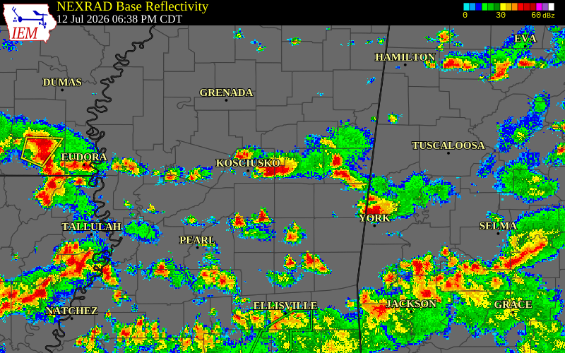 Radar snapshot during the Jul 12, 2026 wind event near Winston County, Winston County, Mississippi, with NWS warning polygons