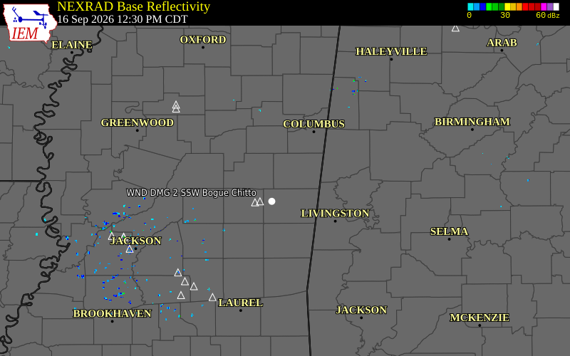 Current NEXRAD radar over Winston County, Mississippi with recent storm report locations