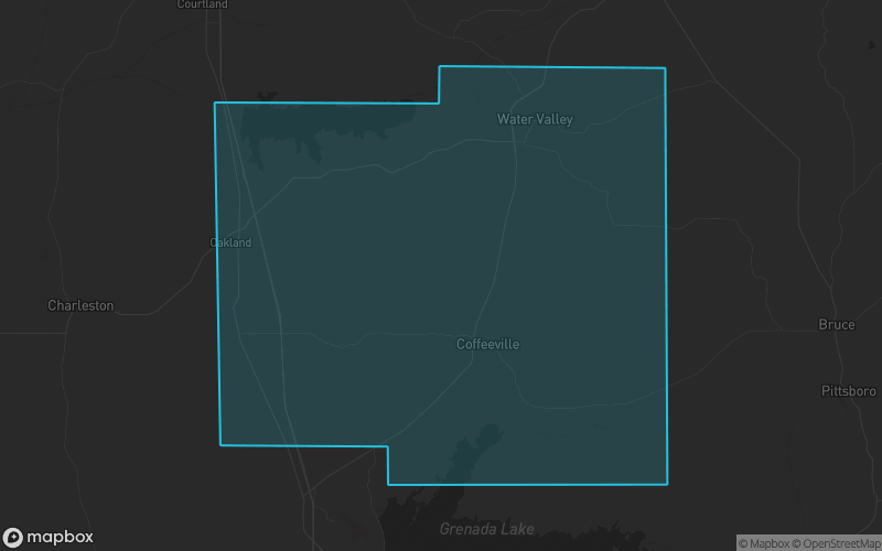 Map of Yalobusha County, Mississippi showing the county boundary and surrounding cities