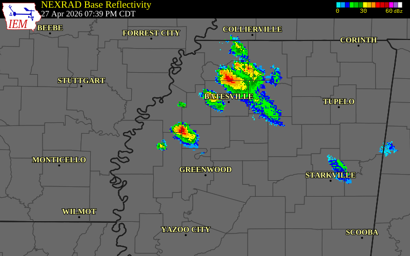 NEXRAD radar during the Monday, April 27, 2026 storm activity in Yalobusha County, Mississippi