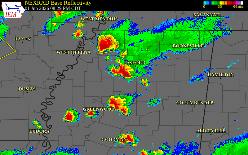 NEXRAD radar during the Monday, June 1, 2026 storm activity in Yalobusha County, Mississippi
