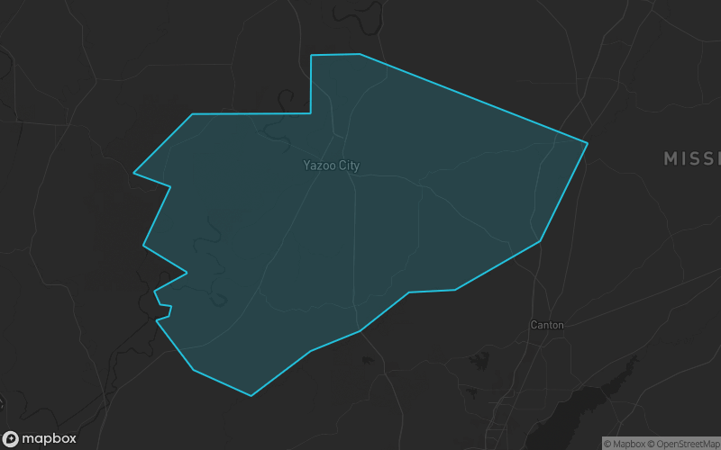 Map of Yazoo County, Mississippi showing the county boundary and surrounding cities