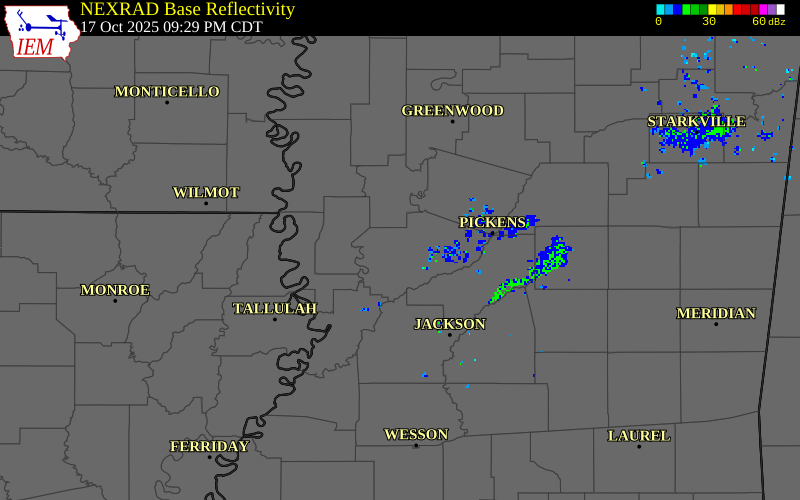 NEXRAD radar during the Friday, October 17, 2025 storm activity in Yazoo County, Mississippi