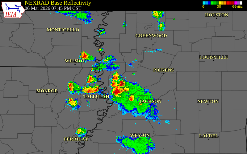 NEXRAD radar during the Friday, March 6, 2026 storm activity in Yazoo County, Mississippi