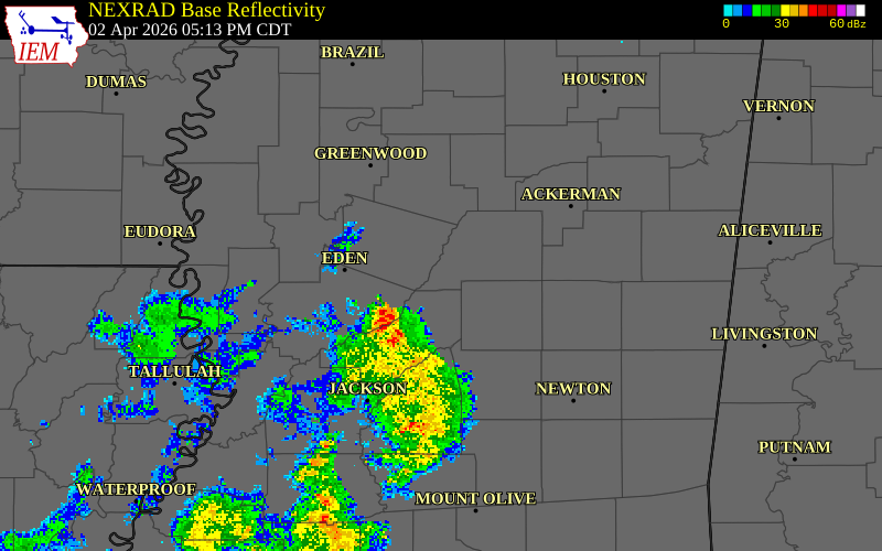 NEXRAD radar during the Thursday, April 2, 2026 storm activity in Yazoo County, Mississippi
