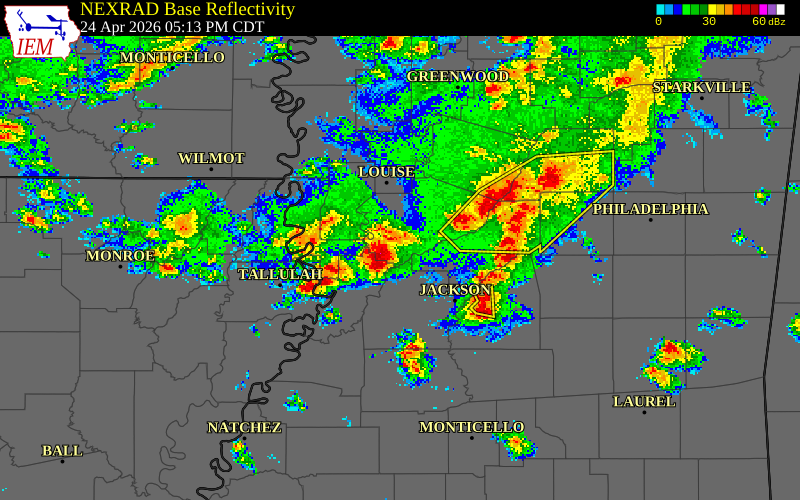 NEXRAD radar during the Friday, April 24, 2026 storm activity in Yazoo County, Mississippi