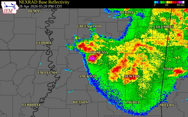NEXRAD radar during the Tuesday, April 28, 2026 storm activity in Yazoo County, Mississippi