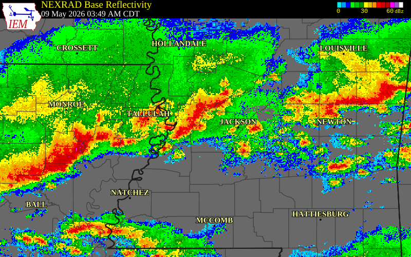 NEXRAD radar during the Saturday, May 9, 2026 storm activity in Yazoo County, Mississippi