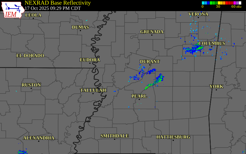 Radar snapshot during the Oct 17, 2025 tornado event near 5 NNW Tinsley, Yazoo County, Mississippi, with NWS warning polygons