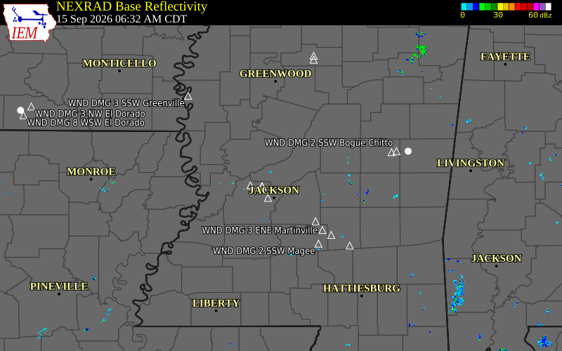Current NEXRAD radar over Yazoo County, Mississippi with recent storm report locations