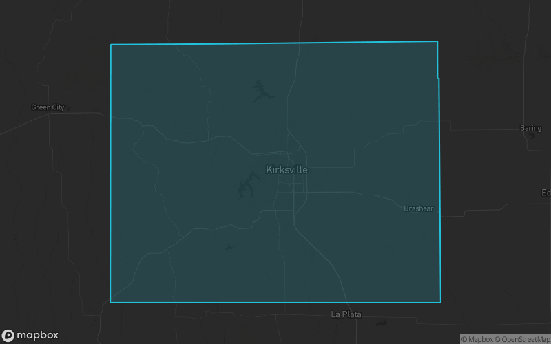 Map of Adair County, Missouri showing the county boundary and surrounding cities