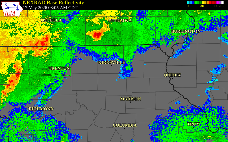 NEXRAD radar during the Sunday, May 17, 2026 storm activity in Adair County, Missouri