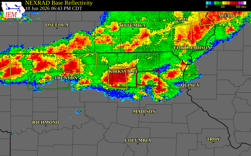 NEXRAD radar during the Wednesday, June 10, 2026 storm activity in Adair County, Missouri