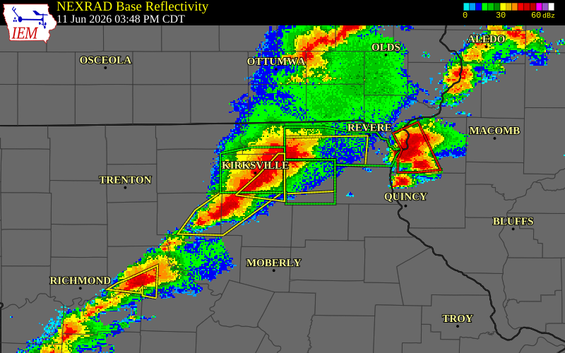 NEXRAD radar during the Thursday, June 11, 2026 storm activity in Adair County, Missouri