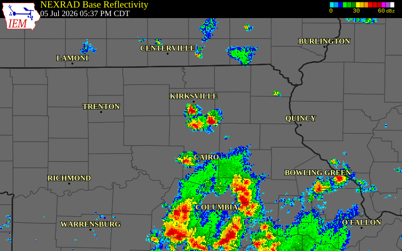 NEXRAD radar during the Sunday, July 5, 2026 storm activity in Adair County, Missouri