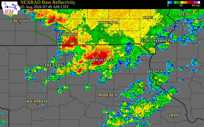 NEXRAD radar during the Wednesday, August 5, 2026 storm activity in Adair County, Missouri