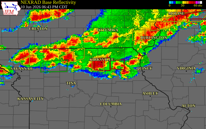 Radar snapshot during the Jun 10, 2026 tornado event near 2 N Millard, Adair County, Missouri, with NWS warning polygons