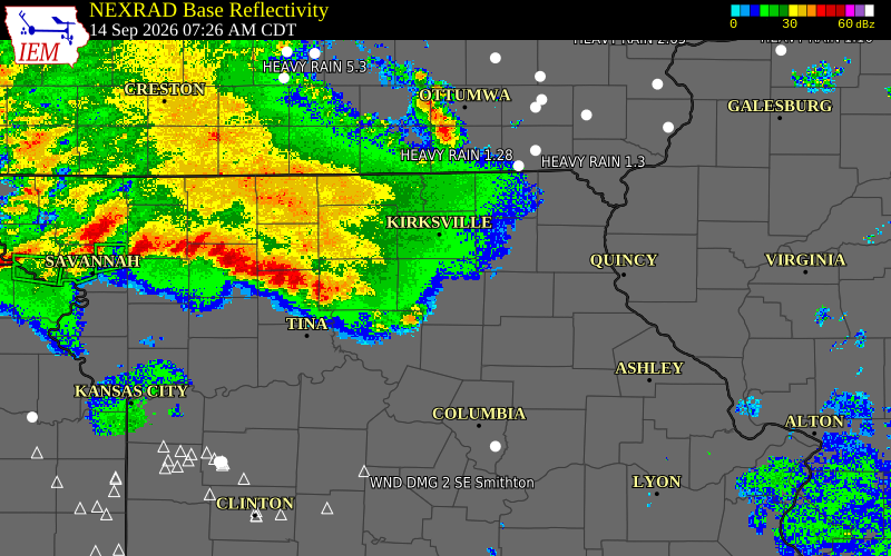 Current NEXRAD radar over Adair County, Missouri with recent storm report locations