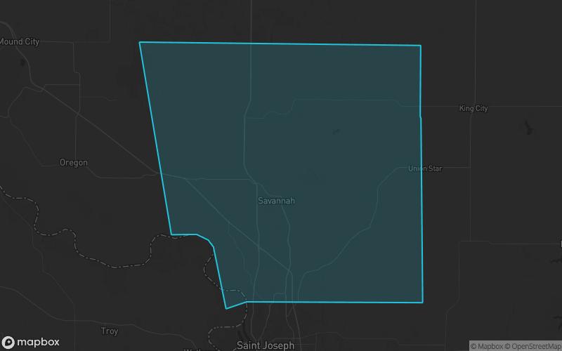 Map of Andrew County, Missouri showing the county boundary and surrounding cities