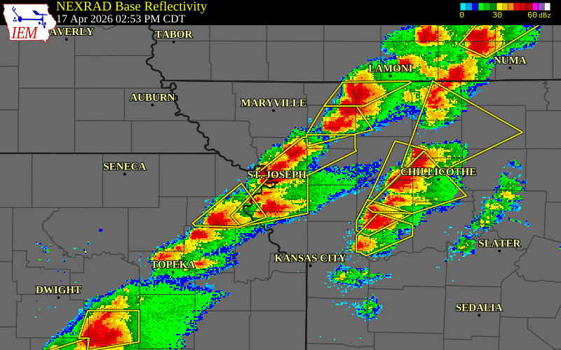 NEXRAD radar during the Friday, April 17, 2026 storm activity in Andrew County, Missouri