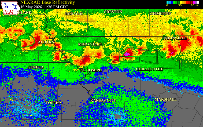NEXRAD radar during the Saturday, May 16, 2026 storm activity in Andrew County, Missouri